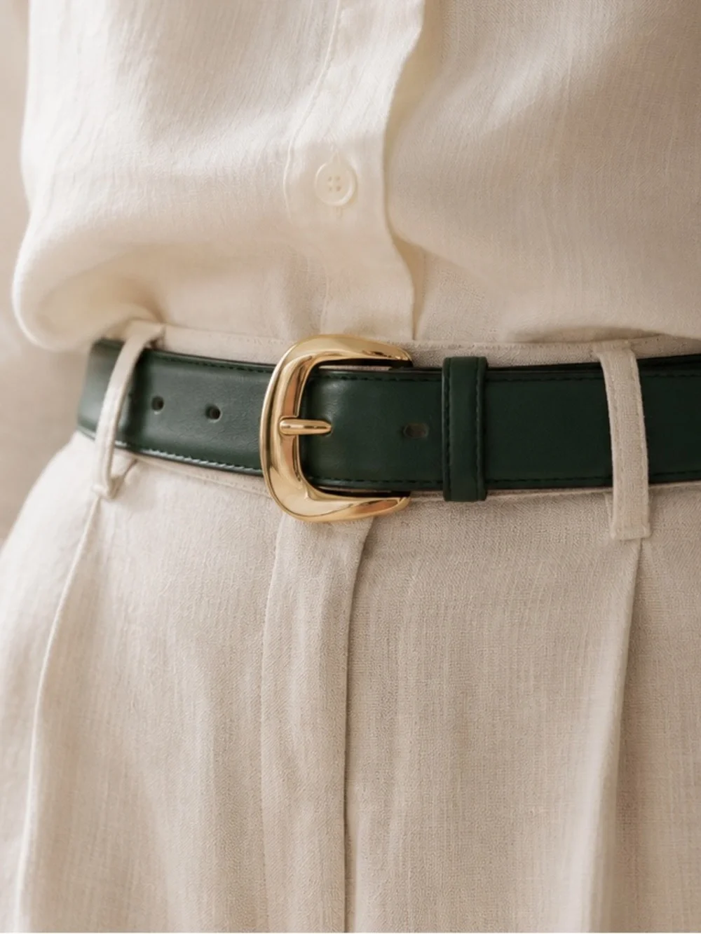 Elegant Green Genuine Leather Belt with Gold Buckle Size Large